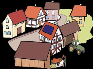 Ein Dorf auf dem Land mit Fachwerkhäusern und einem Bauernhof, dort steht ein Traktor und ein Pferd vor dem Stall